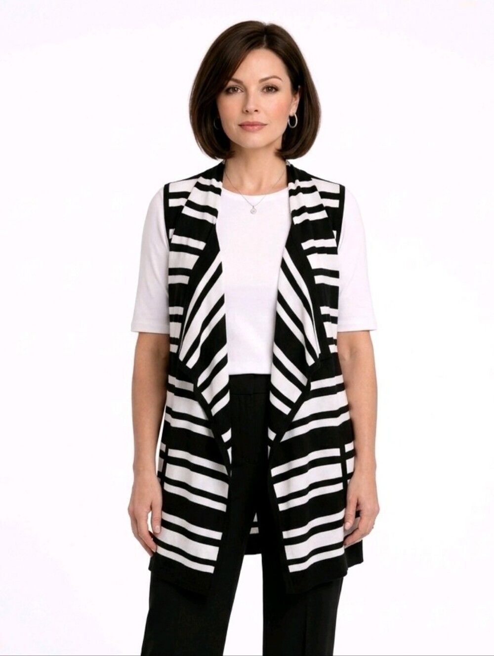 Cable & Gauge Black & White Striped Waterfall Sweater Vest Size M